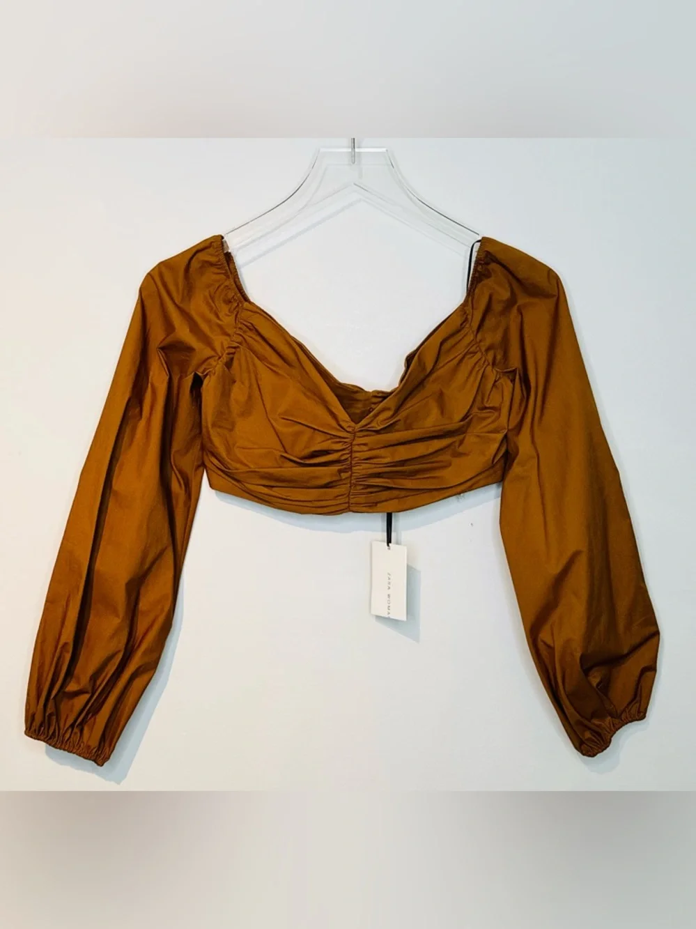 Zara Studio Pecan Brown Gathered Crop Top Balloon Sleeve Top Shirt Blouse NWT
